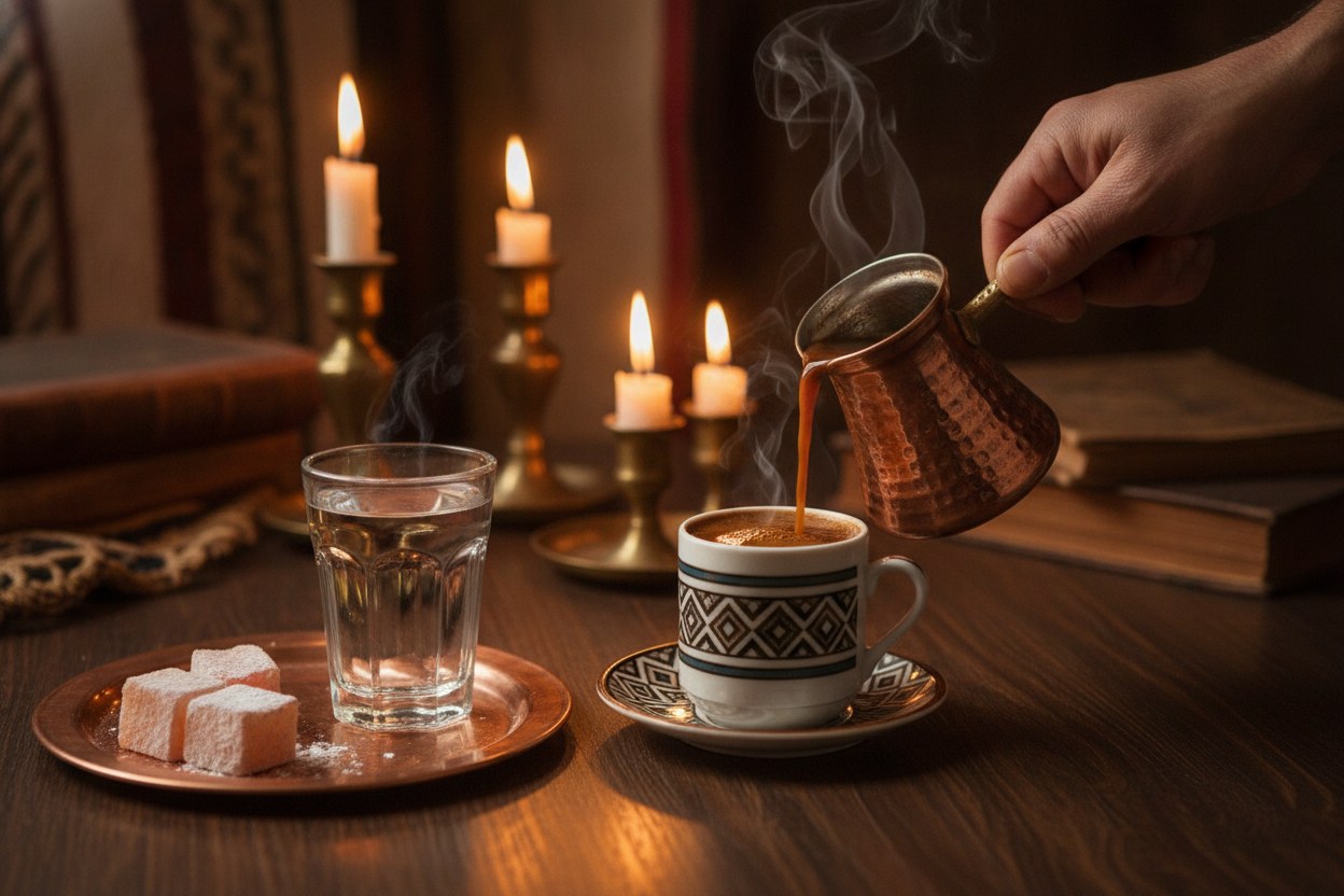 Bakır cezveden kalaylı fincana dökülen köpüklü Türk kahvesi
